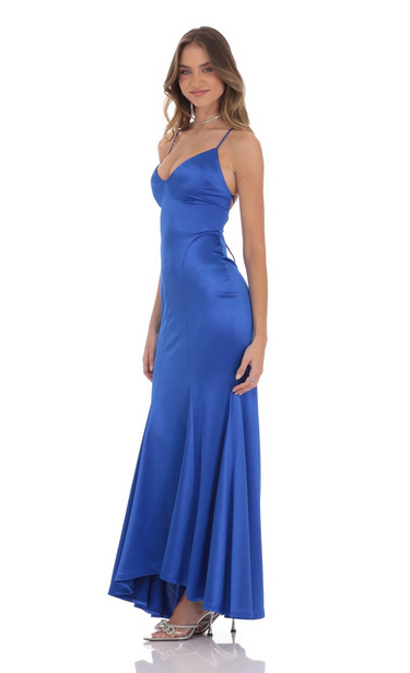 Lucy in the Sky Satin Open Back Mermaid Maxi Dress in Blue