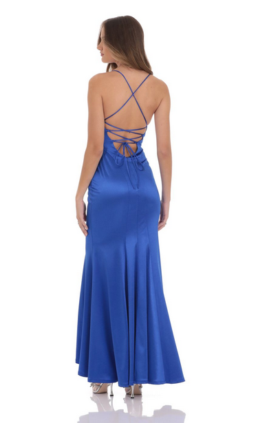 Lucy in the Sky Satin Open Back Mermaid Maxi Dress in Blue