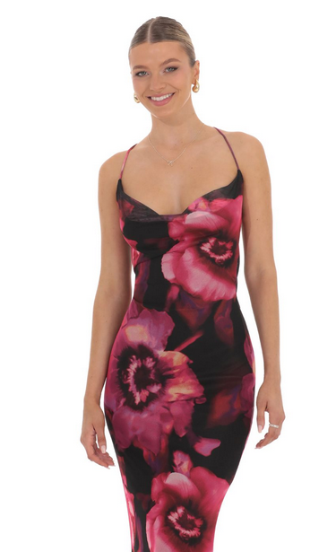Lucy in the Sky Mesh Floral Cowl Neck Maxi Dress in Black