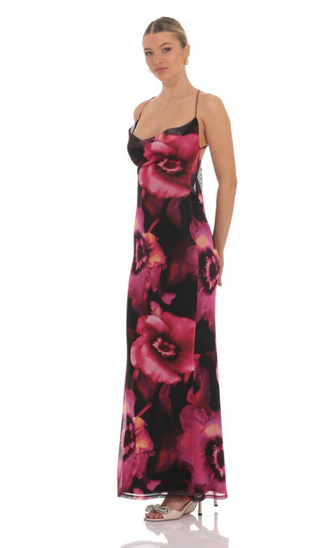 Lucy in the Sky Mesh Floral Cowl Neck Maxi Dress in Black