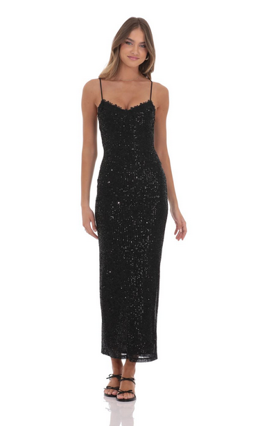 Lucy in the Sky Lace Trim Sequin Maxi Dress in Black