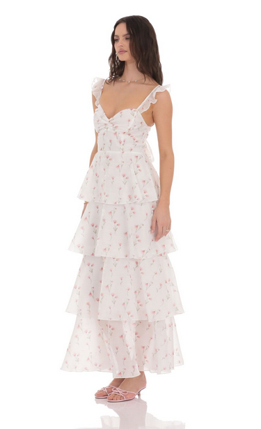 Lucy in the Sky Floral Ruffle Maxi Dress in White