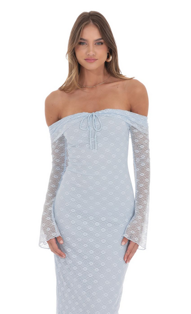 Lucy in the Sky Lace Off Shoulder Maxi Dress in Light Blue