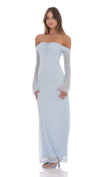 Lucy in the Sky Lace Off Shoulder Maxi Dress in Light Blue