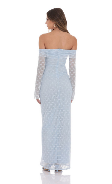 Lucy in the Sky Lace Off Shoulder Maxi Dress in Light Blue