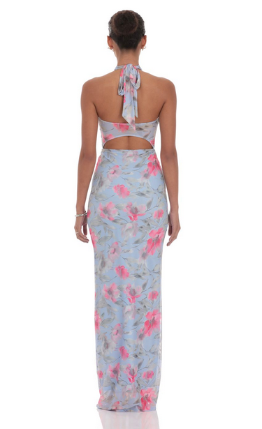 Lucy in the Sky Floral Cutout Halter Maxi Dress in Blue