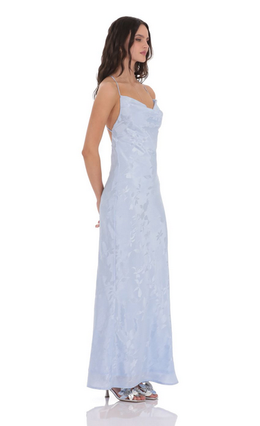 Lucy in the Sky Floral Jacqaurd Cowl Neck Maxi Dress in Light Blue