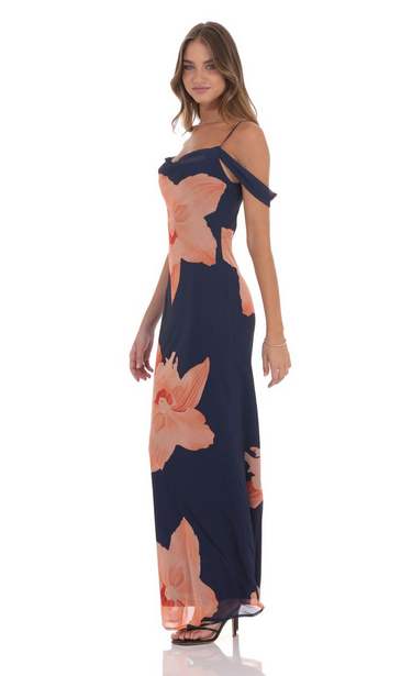 Lucy in the Sky Orange Floral Off Shoulder Maxi Dress in Navy