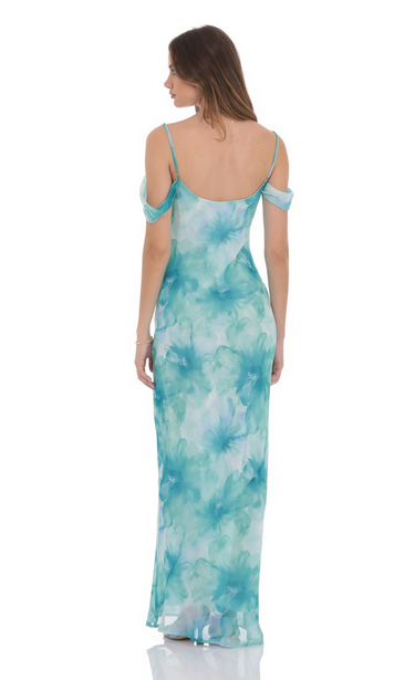 Lucy in the Sky Floral Off Shoulder Maxi Dress in Aquamarine