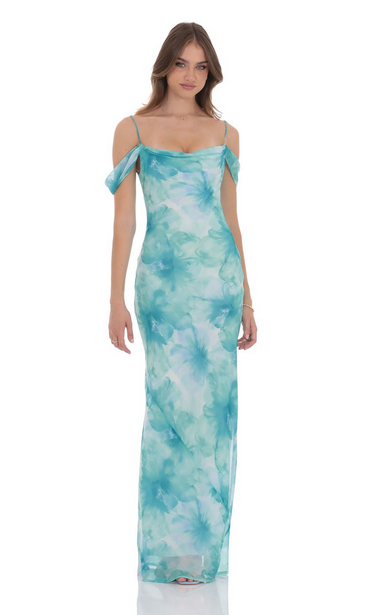 Lucy in the Sky Floral Off Shoulder Maxi Dress in Aquamarine