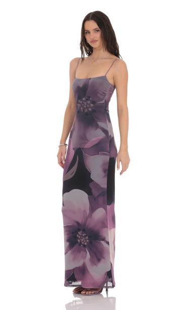 Lucy in the Sky Floral Mesh Bodycon Maxi Dress in Purple