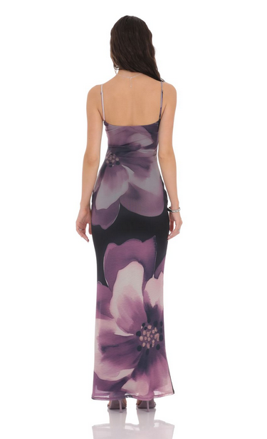 Lucy in the Sky Floral Mesh Bodycon Maxi Dress in Purple