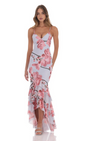 Lucy in the Sky Mesh Floral Ruffle Fishtail Maxi Dress in Blue