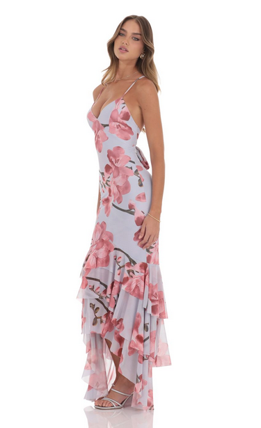 Lucy in the Sky Mesh Floral Ruffle Fishtail Maxi Dress in Blue