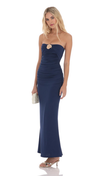 Lucy in the Sky Seashell Ruched Bodycon Maxi Dress in Navy