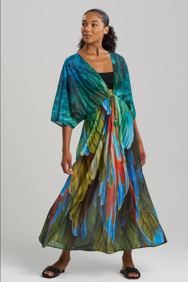 NATORI Paradise Printed Mesh Caftan Dress