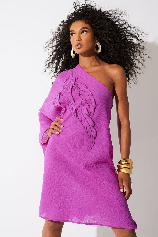 NATORI Cotton Gauze Applique One Shoulder Dress - Magenta