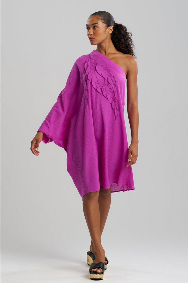 NATORI Cotton Gauze Applique One Shoulder Dress - Magenta