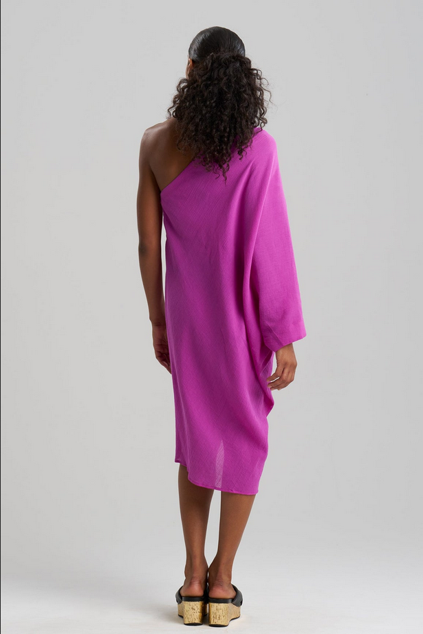 NATORI Cotton Gauze Applique One Shoulder Dress - Magenta