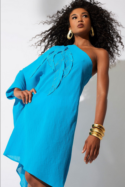 NATORI Cotton Gauze Applique One Shoulder Dress - Wave Blue