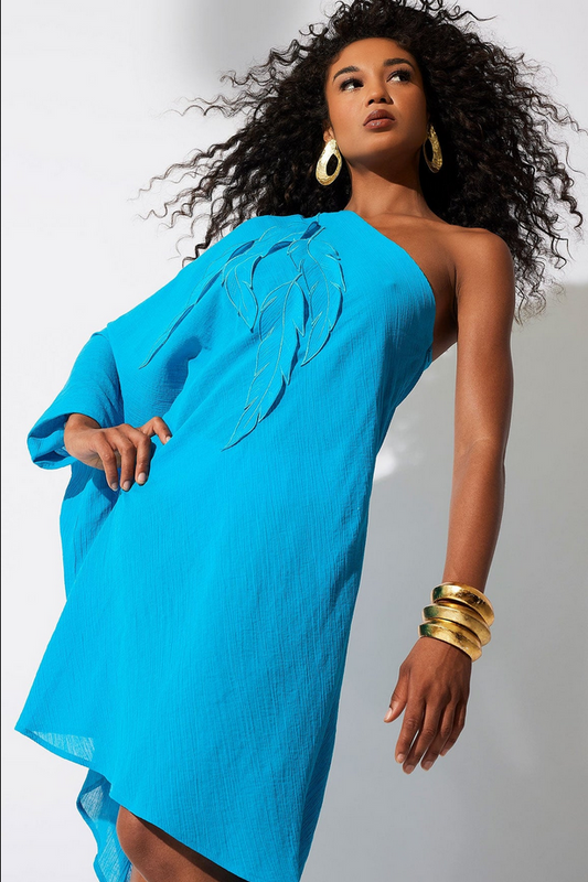 NATORI Cotton Gauze Applique One Shoulder Dress - Wave Blue