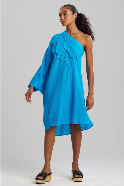 NATORI Cotton Gauze Applique One Shoulder Dress - Wave Blue