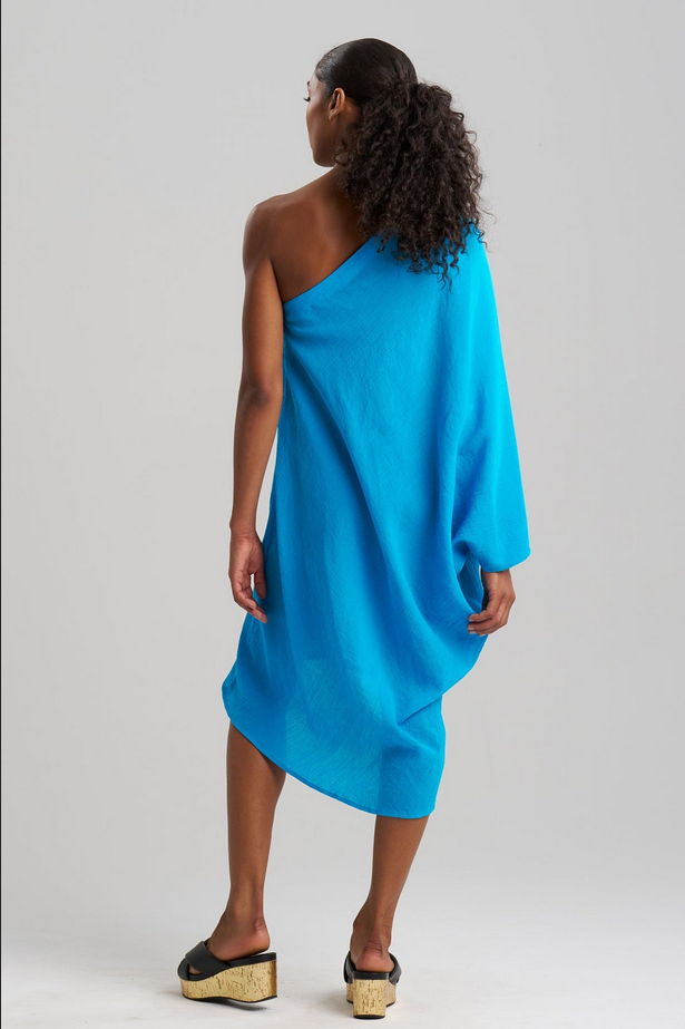 NATORI Cotton Gauze Applique One Shoulder Dress - Wave Blue