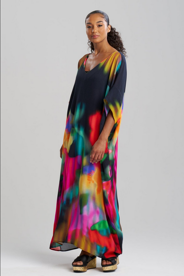 NATORI Floral Mirage Printed Rayon Caftan - black multi