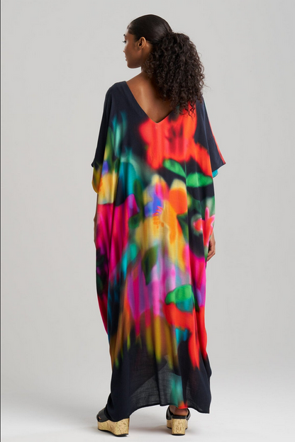 NATORI Floral Mirage Printed Rayon Caftan - black multi
