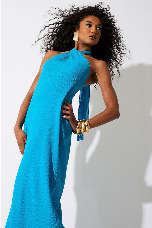 NATORI Cotton Gauze Maxi Halter Dress - Wave Blue