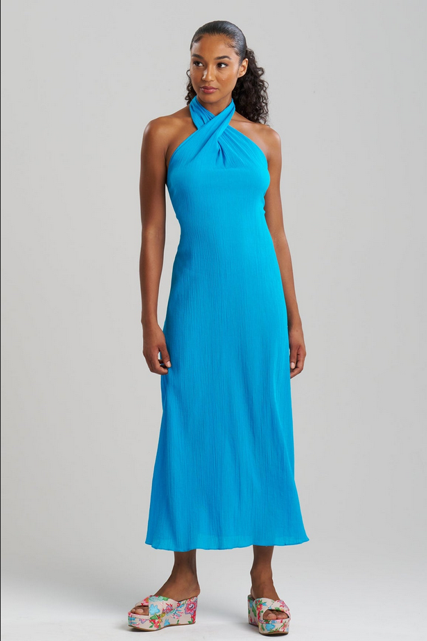 NATORI Cotton Gauze Maxi Halter Dress - Wave Blue