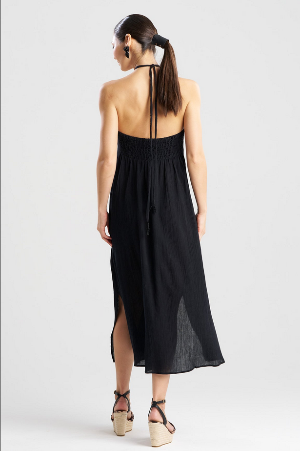 NATORI Cotton Gauze Halter Dress - Black