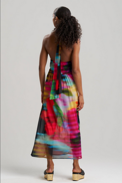 NATORI Floral Mirage Printed Mesh Halter Dress - Black Multi