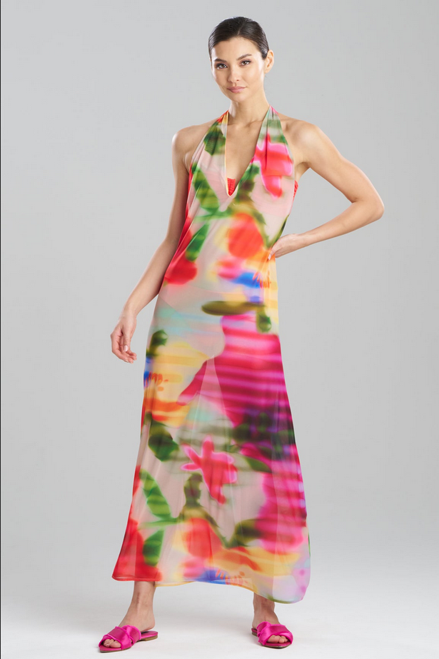 NATORI Floral Mirage Printed Mesh Halter Dress - Multi