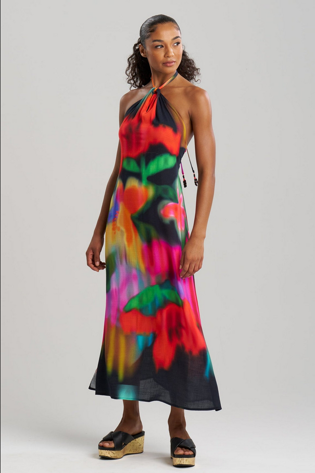 NATORI Floral Mirage Printed Rayon Halter Dress
