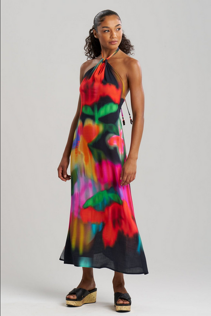 NATORI Floral Mirage Printed Rayon Halter Dress