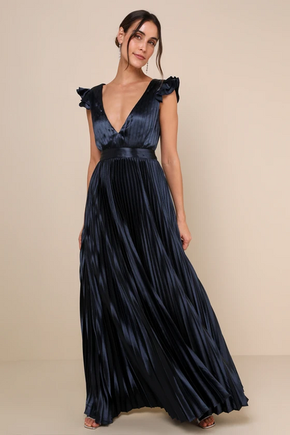 Lulus Exceptional Drama Satin Lace-Up Pleated Maxi Dress