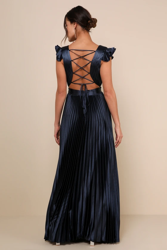 Lulus Exceptional Drama Satin Lace-Up Pleated Maxi Dress