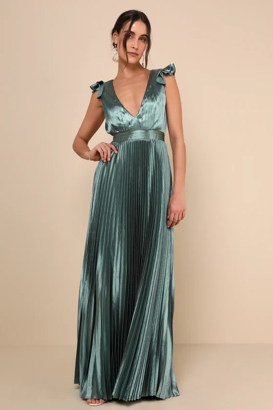 Lulus Exceptional Drama Satin Lace-Up Pleated Maxi Dress