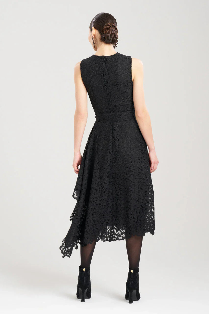 NATORI Scroll Lace Asymmetric Belted Dress - Black