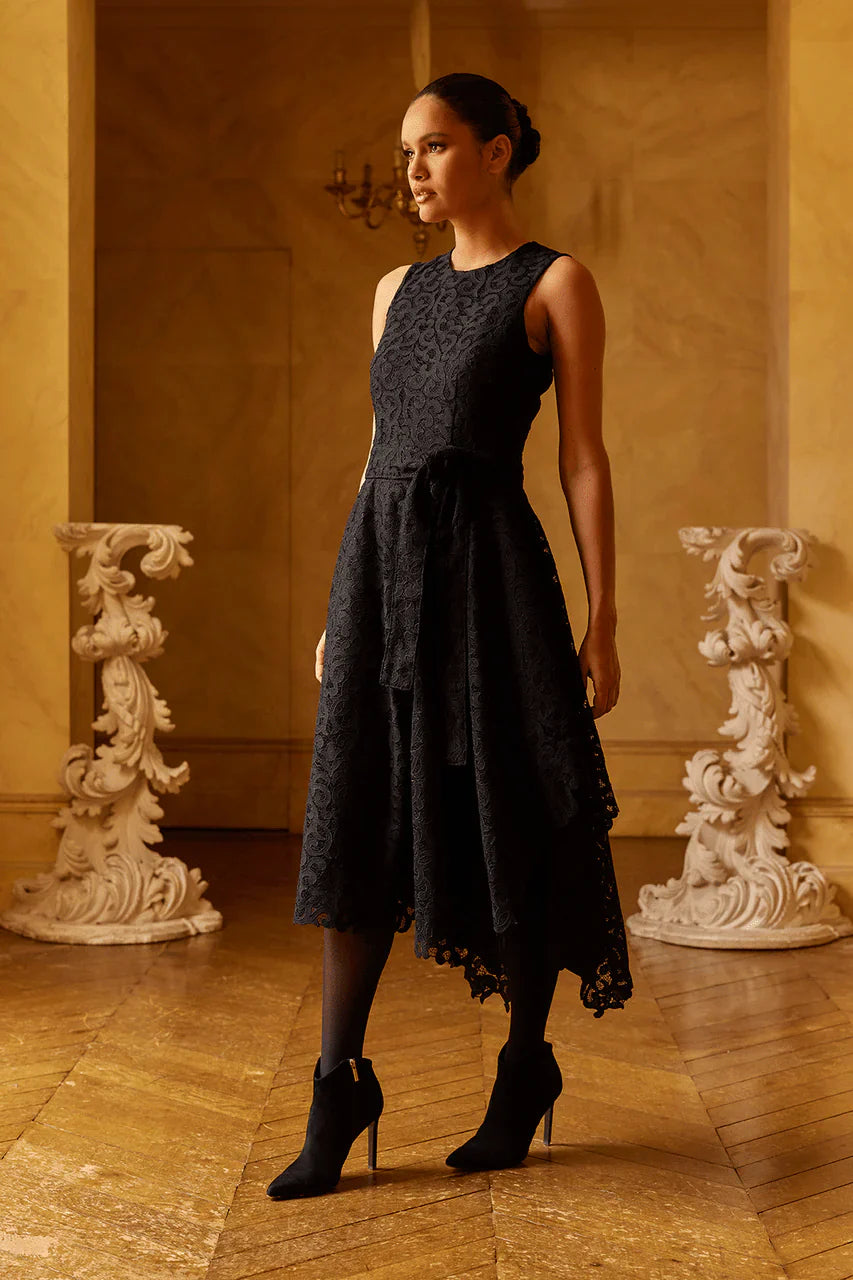 NATORI Scroll Lace Asymmetric Belted Dress - Black