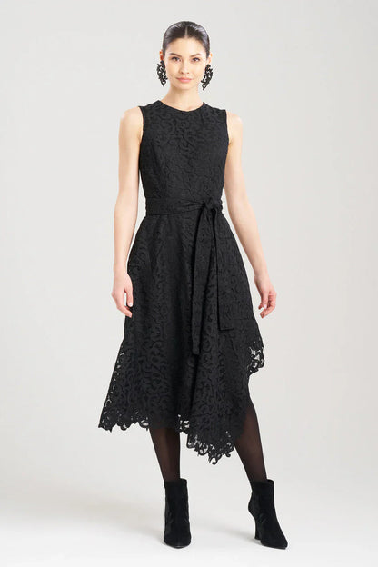 NATORI Scroll Lace Asymmetric Belted Dress - Black