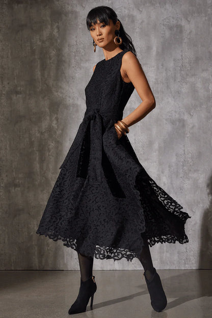 NATORI Scroll Lace Asymmetric Belted Dress - Black