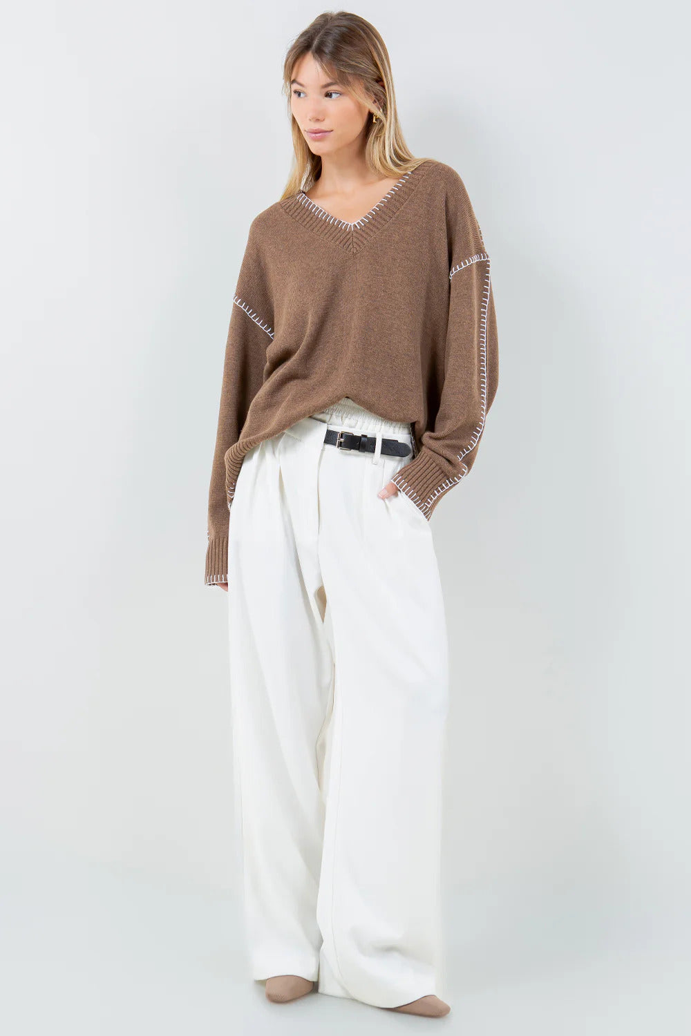 Ruby & Jenna Women's Blanket Stitch Sweater