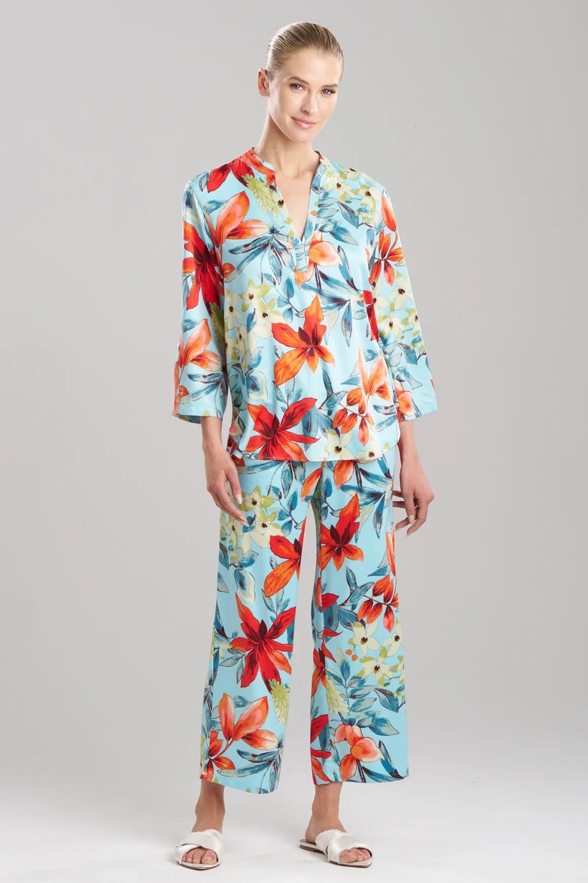 Natori Tropical Breeze Satin Long Sleeve PJ - Blue