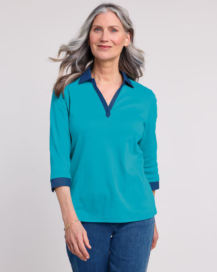 BLAIR Women’s Top Essential Knit DenimLite Trim Knit Polo (Women Plus)