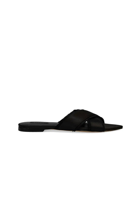 Natori Wayu Satin Fringe Cross Slide Sandals - Black