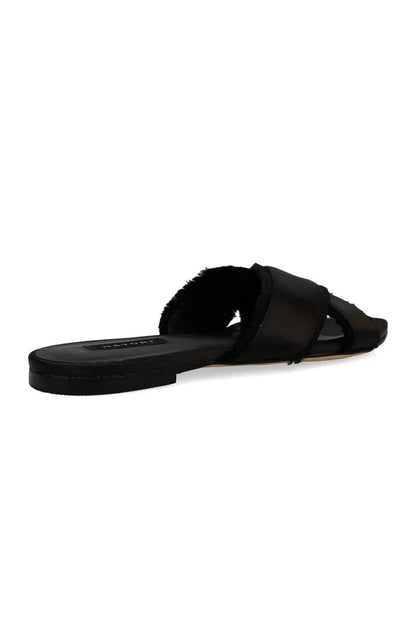 Natori Wayu Satin Fringe Cross Slide Sandals - Black