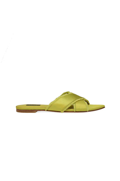 Natori Wayu Satin Fringe Cross Slide Sandals - chartreuse
