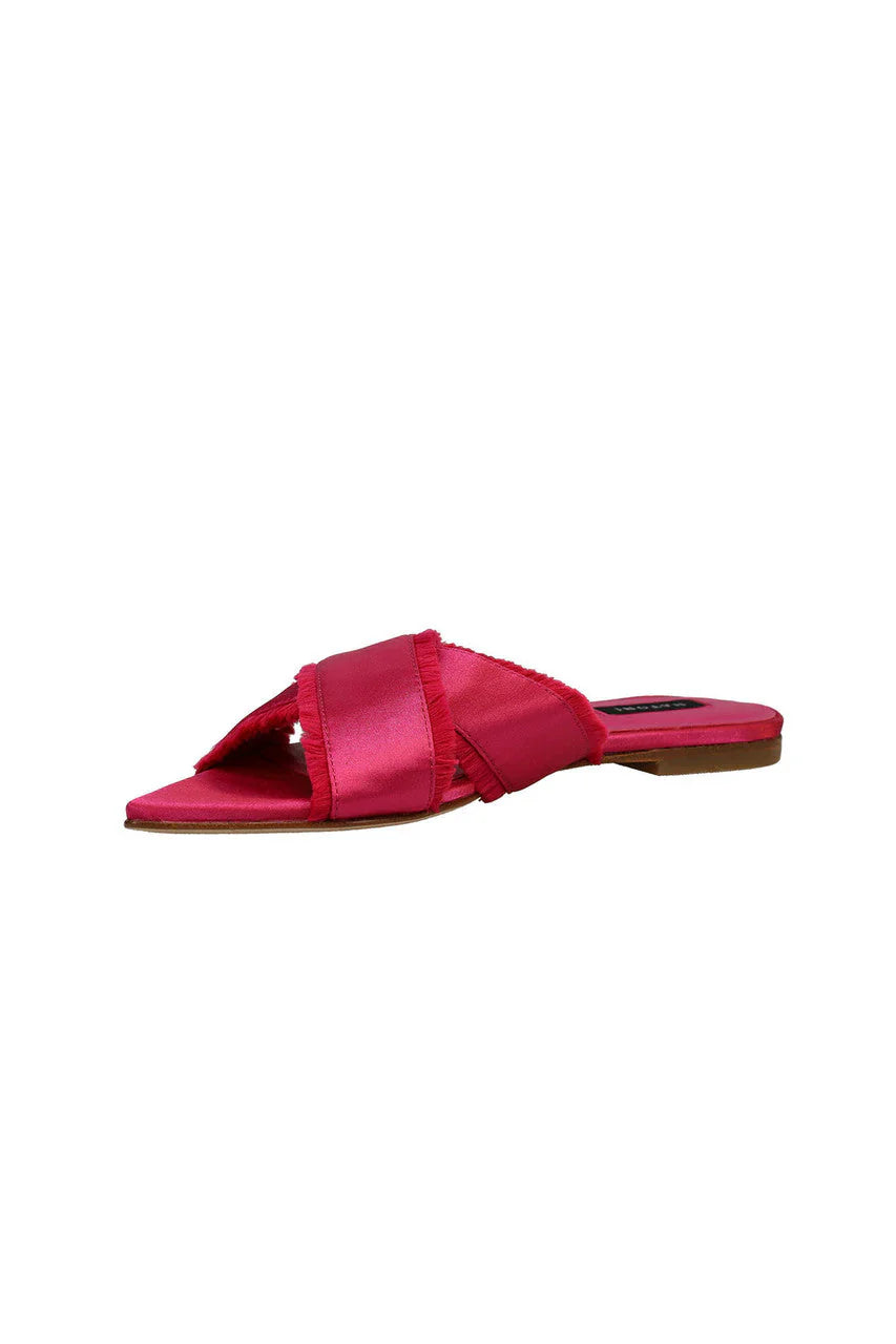 Natori Wayu Satin Fringe Cross Slide Sandals - dragon fruit